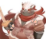  2022 amidasuke anthro belly black_body black_nose blush canid canine canis clothed clothing domestic_dog hi_res humanoid_hands kemono lifewonders male mammal melee_weapon overweight overweight_male scar scarf solo sword tadatomo tokyo_afterschool_summoners video_games weapon 