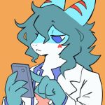 1:1 2026 animated animated_gif anthro aquatic bagel_(superluminal_station) blue_background clothing coat doomscrolling electronics fish hair lab_coat male pajamas phone ramingtonn scar shark short_playtime simple_background solo superluminal_station topwear yellow_background