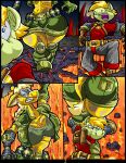 anthro belt big_breasts big_butt boots bottomwear breasts butt cleavage clothed clothing comic cracked_ground cybernetic_arm cybernetic_limb digital_media_(artwork) duo equid equine explosives eyewear female footwear giraffe giraffid glasses grenade hanging_by_arms horse huge_butt in_peril jacket lava luray_giraffe male mammal sendo_(virus-20) shoes shorts tail topwear virus-20 weapon