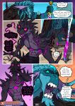 abs alexander_(zummeng) angry anthro aquatic black_body blood blue_body blue_eyes bodily_fluids cephalopod cobblestone coleoid colored_blood comic day deity dialogue english_text evil_grin forehead_gem gem hi_res hooded_cloak jagged_teeth lizard male melee_weapon mollusk octopodiform pseudo_hair purple_blood purple_eyes reptile scalie sharp_teeth smile sword teeth tentacle_hair tentacles text unusual_blood unusual_bodily_fluids village weapon yelling zummeng