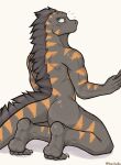 anthro barefoot blush blush_lines body_pattern echo_(game) echo_(series) echo_project feet flynn_moore gila_monster hair helodermatid hi_res lizard male nude rear_view reptile scalie solo striped_body stripes tail yeenthebin