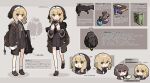  1girl ammunition amonitto backpack bag bag_charm black_hair blonde_hair book bullet character_sheet charm_(object) concept_art cross drone equipment_layout explosive full_body grenade gun habit hair_ribbon highres holding holding_gun holding_weapon holy_water original ribbon robot shoes simple_background standing variations weapon white_ribbon 