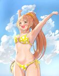  1girl :d bikini blue_sky blush breasts cleavage clenched_hands cloud eyebrows_visible_through_hair highres idolmaster idolmaster_cinderella_girls long_hair looking_afar medium_breasts midriff navel orange_hair outdoors outstretched_arms polka_dot polka_dot_bikini ponytail sky smile solo stretch swimsuit tttte_toku0000 very_long_hair wakabayashi_tomoka yellow_bikini 