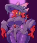 big_breasts breasts clothing dress eyelashes female fishnet_clothing fishnet_legwear front_view generation_4_pokemon grey_clothing grey_dress grey_hat grey_headwear hair hat headgear headwear hi_res humanoid junojif legwear looking_at_viewer mismagius nintendo pokemon pokemon_(species) purple_background purple_body red_eyes red_hair simple_background smile solo thick_thighs wide_hips witch_hat yellow_sclera