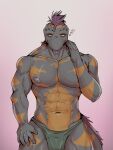 3:4 abs anthro clothing echo_(game) echo_(series) echo_project flynn_moore forked_tongue gila_monster gradient_background grey_body hair helodermatid hi_res lizard male multicolored_body multicolored_skin muscular muscular_anthro muscular_male navel nipples pecs pink_background reptile scalie simple_background solo tail tongue tongue_out underwear yeenthebin