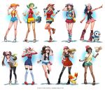  6+girls :d character_request dawn_(pokemon) english_commentary full_body hat highres hilda_(pokemon) long_hair looking_at_viewer mathias_leth may_(pokemon) misty_(pokemon) multiple_girls open_mouth pantyhose pokemon pokemon_(anime) pokemon_(classic_anime) pokemon_(creature) pokemon_(game) pokemon_dppt pokemon_sm rowlet shirt skirt smile standing thighhighs 
