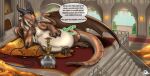 2022 absurd_res black_claws black_horn brown_legs brown_tail brown_wings claws coin dragon duo english_text feral feral_pred fire flippin-rad hi_res hookah hookah_pipe horn lying male male_pred malfaren money mythological_creature mythological_scalie mythology on_side scalie smoking speech_bubble stairs tail talking_to_prey text treasure vore watermark wings