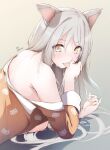  1girl :p animal_ears bare_shoulders black_hanekawa breasts breasts_out cat_ears commentary_request dermar eyebrows_visible_through_hair gradient gradient_background grey_background grey_hair hair_between_eyes hanekawa_tsubasa highres long_hair looking_at_viewer lying medium_breasts monogatari_(series) nipples off_shoulder on_back open_clothes open_shirt orange_pajamas pajamas revision solo tongue tongue_out upper_body 