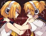  1boy 1girl angry antichlorobenzene_(vocaloid) ascot asphyxiation barcode bare_arms bare_shoulders black_sailor_collar blonde_hair clenched_teeth cross facial_mark from_side green_eyes hair_down headphones inverted_cross kagamine_len kagamine_rin kaho_0102 necktie pale_skin paradichlorobenzene_(vocaloid) profile reaching red_background sailor_collar shirt short_hair short_ponytail short_sleeves sleeveless sleeveless_shirt song_name strange_dark_(module) strangling teeth vocaloid white_shirt yellow_ascot yellow_necktie 