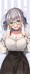  1girl :d absurdres braid breasts casual choker cleavage collarbone dodome-iro_mayonnaise eyebrows_visible_through_hair french_braid glasses green_eyes grey_hair hair_ribbon high-waist_skirt highres hololive large_breasts open_mouth ribbon shirogane_noel short_hair skirt smile solo virtual_youtuber watch wristwatch 