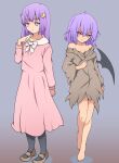  2girls :&lt; absurdres angry bare_shoulders barefoot bat_wings black_legwear bow bright_pupils crescent crescent_hair_ornament dress eyebrows_visible_through_hair gradient gradient_background hair_between_eyes hair_ornament highres long_dress long_hair long_sleeves mary_janes multiple_girls pantyhose patchouli_knowledge pink_dress purple_eyes purple_hair red_eyes remilia_scarlet sad shoes short_hair sidelocks simple_background suwaneko torn_clothes touhou white_pupils wings 