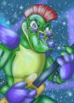 absurd_res alligator alligatorid animatronic anthro bottomwear clothed clothing cosmic_background countershade_jaw countershade_torso countershading crocodilian dark_eyebrows electric_guitar evillittlelime five_nights_at_freddy's five_nights_at_freddy's:_security_breach green_body green_bottomwear green_clothing green_pants guitar hair hi_res living_machine machine male mohawk montgomery_gator musical_instrument pants plucked_string_instrument red_eyes red_hair reptile robot robotic_joints scalie scottgames shaped_glasses sharp_teeth shoulder_pads snout solo spotted_face star starry_background steel_wool_studios string_instrument teeth teeth_showing toothy_grin topless wristband yellow_torso