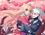  1boy 1girl ahoge alternate_costume antenna_hair bangs blue_eyes blurry blurry_background blush cheer_(cheerkitty14) commentary danganronpa_(series) danganronpa_v3:_killing_harmony facing_another grey_hair grin hetero hug iruma_miu japanese_clothes keebo kimono long_sleeves looking_at_viewer obi petals pink_kimono sash shiny shiny_hair sketch smile teeth upper_teeth 