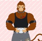  animated anthro armband bottomwear clothing collar controller cowardlion fossil_fighters green_eyes haplorhine jewelry mammal monkey muscular necklace primate shorts spiked_collar spikes tail vtuber 