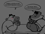 2026 anthro badger beastly_crimes beastly_crimes_(2024) bencomedion biped blush capybara caviid chief_badger clothing duo english_text fan_character hi_res humanoid_hands male male/male mammal mustelid musteline rodent shirt sitting slightly_chubby smile text topwear