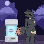 1:1 ambiguous_gender anthro arm_tuft bandage bandage_on_leg bandage_on_neck bandaged_arm bandaged_leg bandaged_neck black_body black_tail capsule casualties:_unknown detailed_background digital_media_(artwork) dipstick_tail expie_(gunsawian) eye_bags featureless_crotch flat_chested fluffy fluffy_tail gunsawian imactuallygarbage looking_at_viewer markings orange_tail_tip paws pixel_(artwork) serious_face shoulder_tuft sky solo standing star starry_sky tail tail_markings thick_thighs tired tuft wide_hips yellow_eyes