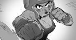 4_fingers angry anthro bandage bandaged_arm big_breasts bodily_fluids bra breasts canid canine cleavage clothed clothing concept_art diane_foxington dreamworks female fighting_pose fingers fox headgear mammal monochrome motion_lines nipple_outline official_art pierreperifel pose punch red_fox sketch solo sports_bra sweat sweaty_breasts sweaty_shoulders tail the_bad_guys training true_fox underwear zoom_lines