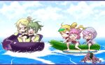  6+girls :d ;) adapted_costume alternate_costume alternate_hairstyle anna_mel bikini black_swimsuit blonde_hair blue_sky boat braid chibi cloud cloudy_sky cucumber delraich66 double_bun eggplant eyebrows_visible_through_hair flower green_eyes green_hair grey_hoodie hair_flower hair_ornament hair_rings highres hood hood_up hoodie kazari_jun long_hair looking_ahead looking_at_another magia_record:_mahou_shoujo_madoka_magica_gaiden mahou_shoujo_madoka_magica makino_ikumi male_swimwear medium_hair midori_ryou multiple_girls ocean official_alternate_hairstyle one_eye_closed pink_bikini pink_eyes pink_hair pointing ponytail purple_eyes purple_hair red_eyes ribbon-trimmed_bikini safety_vest sarasa_hanna seaweed shorts side-tie_bikini side_braid side_ponytail sky smile sparkling_eyes star_(symbol) submerged sunglasses swim_trunks swimsuit watercraft wavy_hair white_shorts yukino_kanae 