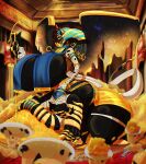 absurd_res anthro big_breasts breasts clothing cofagrigus digital_media_(artwork) dragon egyptian_architecture extreme_size_difference fan_character female generation_5_pokemon gold_(metal) hair headgear hi_res hieroglyphic_text huge_breasts huge_filesize hybrid hyper hyper_breasts looking_at_viewer macro micro mummy_wrappings mythological_creature mythological_scalie mythology nintendo pokemon pokemon_(species) red_eyes scalie shaded shieradevil size_difference smile solo spirit tail taur teeth thick_thighs tiamat_(shieradevil) wide_hips wings