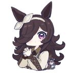  1girl :&lt; animal_ears backpack bag bag_charm bangs black_hair black_ribbon blush brown_dress character_doll charm_(object) closed_mouth collared_dress commentary_request cropped_torso dress ear_ribbon eyebrows_visible_through_hair hair_over_one_eye hairband hands_up horse_ears horse_girl long_hair long_sleeves looking_at_viewer mihono_bourbon_(umamusume) neck_ribbon nozo_(hitomiz) own_hands_together puffy_long_sleeves puffy_sleeves purple_eyes ribbon rice_shower_(umamusume) simple_background solo umamusume upper_body white_background white_hairband white_ribbon 