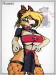 3:4 antelope anthro blonde_hair blue_eyes bovid breasts caprine clothed clothing cozze_(macmegagerc) female fur gazelle goat hair hi_res hybrid mammal plecopsar shaded slim solo standing wide_hips