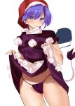  1girl :3 ass_visible_through_thighs bangs blue_hair blush cameltoe closed_mouth clothes_lift commentary_request cowboy_shot doremy_sweet dress dress_lift eyebrows_visible_through_hair fujiko_(emnprmn) fundoshi hair_between_eyes hat highres japanese_clothes lifted_by_self looking_at_viewer navel nightcap pom_pom_(clothes) purple_dress purple_eyes purple_fundoshi red_headwear short_hair simple_background smile solo touhou white_background 