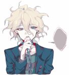  1boy bangs black_jacket chain collar collarbone danganronpa_(series) danganronpa_another_episode:_ultra_despair_girls eyebrows_visible_through_hair grey_background hair_between_eyes hand_up jacket komaeda_nagito long_sleeves male_focus medium_hair messy_hair open_mouth rangs_joy servant_(danganronpa) shirt simple_background solo speech_bubble striped striped_shirt teeth upper_teeth 