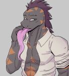 anthro clothed clothing echo_(game) echo_(series) echo_project flynn_moore forked_tongue gila_monster hair helodermatid hi_res lizard long_tongue male multicolored_body multicolored_skin reptile scalie solo tongue tongue_out yeenthebin