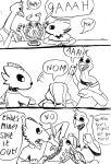 absurd_res alien angry anthro avian beastars bird casualties:_unknown clothing comic dialogue dom_(beastars) dune_(gunsawian) eating fangs food galliform group gunsawian hi_res looking_at_another male milky_(gunsawian) open_mouth opening_mouth peafowl phasianid pounce prying sabertooth_(anatomy) scared shirt stealing teeth toiletdestroyer topwear traditional_media_(artwork) trio wide_mouth