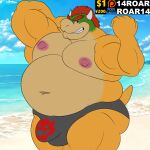 1:1 advertisement alternate_version_at_paywall anthro beach belly big_belly bowser bowser_logo_underwear bulge camp14 clothing flexing grin hair hi_res horn koopa looking_at_viewer male mario_bros moobs musclegut muscular nintendo nipples patreon red_eyes red_hair scalie smile solo underwear