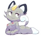  2022 alolan_meowth anthro bedroom_eyes breasts butt fangs felid feline female grey_body grey_eyes lying mammal narrowed_eyes nintendo nipples nude on_front pink_nipples pok&eacute;mon pok&eacute;mon_(species) pok&eacute;morph raised_tail regional_form_(pok&eacute;mon) seductive side_view simple_background solo star-rod thick_thighs video_games white_background 