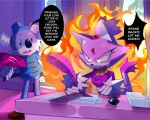 anthro blaze_the_cat bodily_fluids burning clothing dialogue domestic_cat elemental_manipulation english_text felid feline felis female fire fire_manipulation gardon glowing glowing_eyes hair hand_fan hi_res koala locked_in loose_feather love_letter male mammal marsupial military military_uniform office paper ponytail princess quill royalty sega sitting soldier sonic_the_hedgehog_(series) speech_bubble sutsx777 sweat text uniform vombatiform warrior window