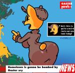 anthro beady_eyes big_butt black_eyes breasts brown_clothing brown_hat brown_headwear brown_nose butt character_request clothing deltarune dialogue english_text eyelashes female fur hat headgear headwear news news_report nightmaric2 open_mouth orange_body orange_fur rear_view solo text text_box undertale_(series) weather_report wide_hips