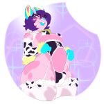1:1 2021 animal_print animal_print_bikini anthro armwear bell bell_collar bikini bikini_pull blush blush_lines breasts buckteeth bulge bun_buns_(bun_buns) bustier clothing clothing_pull collar corset cow_print cow_print_armwear cow_print_bikini cow_print_bow detailed_bulge eyelashes eyewear frilly frilly_armwear frilly_clothing frilly_legwear garter_belt garter_straps glasses gynomorph hair hi_res horn intersex lagomorph legwear leporid lingerie looking_at_viewer looking_down looking_down_at_viewer low-angle_view mammal open_mouth pattern_bikini pattern_clothing pattern_swimwear pink_body purple_eyes purple_hair rabbit runewoof simple_background solo sparkles swimwear swimwear_pull tail teeth thick_thighs thigh_highs topwear two-piece_swimsuit