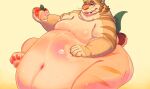ambiguous_gender anthro belly belly_blush belly_expansion belly_inflation big_belly blush bodily_fluids body_blush butt claws drooling eating elemental_creature expansion felid flora_fauna food food_creature fruit fur hand_on_belly hi_res holding_food holding_fruit holding_object huge_belly inflation leaf leaf_tail living_fruit looking_at_viewer mammal navel nude obese obese_ambiguous obese_anthro orange_body orange_fur overweight overweight_ambiguous overweight_anthro peach_(fruit) peach_inflation peach_transformation plant prehistoric_species saber-toothed_tiger saliva sitting solo striped_body striped_fur stripes sweat tail teeth thick_thighs weight_gain wide_hips wolfwireless