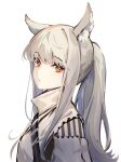  1girl ahoge animal_ear_fluff animal_ears arknights blonde_hair bright_pupils closed_mouth from_side high_collar highres horse_ears long_hair looking_at_viewer looking_to_the_side orange_eyes platinum_(arknights) ponytail sidelocks simple_background solo upper_body white_background zuiqiang_zayu 