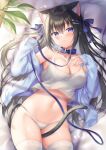  1girl absurdres animal_ear_fluff animal_ears bangs bed_sheet between_legs black_hair blue_eyes blue_shirt blush breasts cat_ears cat_girl cat_tail cleavage closed_mouth collar commentary_request eyebrows_visible_through_hair hair_between_eyes hair_ribbon highres leaf light_smile long_hair looking_at_viewer lying medium_breasts navel on_back open_clothes open_shirt original panties ribbon shiono_(0303) shirt solo stomach tail tail_between_legs tank_top thighhighs underwear white_legwear white_panties 