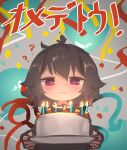  1girl ? absurdres antenna_hair asymmetrical_wings blue_wings blush cake candle chibi chii_(tsumami_tsumamare) dress food highres holding holding_cake holding_food houjuu_nue light_smile looking_at_viewer plate purple_eyes red_eyes red_wings solo thighhighs touhou upper_body wings 
