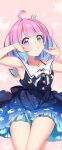  1girl absurdres ahoge armpits bare_legs blue_hair bracelet collarbone crown dodome-iro_mayonnaise dress eyebrows_visible_through_hair fingers_to_cheeks green_eyes grin hair_ornament hairclip heterochromia highres himemori_luna hololive jewelry mini_crown necklace pink_eyes pink_hair sailor_collar short_hair smile solo virtual_youtuber 