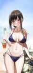  1girl ass_visible_through_thighs beach bikini blue_bikini blurry blurry_background breasts breasts_apart bubble_tea collarbone cup drinking_straw head_tilt highres holding holding_cup large_breasts looking_at_viewer mole mole_on_breast navel ocean original rouka_(akatyann) solo_focus swimsuit wet yellow_eyes 