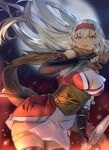  1girl absurdres arm_strap black_gloves black_legwear blurry blurry_background breasts cleavage commission dagger dress dual_wielding english_commentary fingerless_gloves fire_emblem fire_emblem:_the_binding_blade full_moon gloves grey_hair hairband highres holding holding_dagger holding_weapon igrene_(fire_emblem) knife kunai large_breasts light_smile lips long_hair mole mole_under_eye moon night nipples orange_eyes qitoli red_dress red_hairband scarf second-party_source short_dress single_vambrace skeb_commission solo thigh_strap thighhighs thighs vambraces weapon 