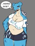 1_horn 3:4 anthro bedroom_eyes belly big_belly big_breasts black_eyeshadow blue_body blue_skin bottomwear breasts clothing crop_top dialogue english_text eyeshadow female front_view generation_1_pokemon half-closed_eyes hand_on_hip hi_res horn lapras makeup narrowed_eyes navel nintendo overweight overweight_anthro overweight_female pokemon pokemon_(species) seductive shell shirt shorts solo spiked_shell spikes spikes_(anatomy) taffiocha text topwear