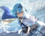  1girl bangs black_legwear blue_hair cape daniel_deng eula_(genshin_impact) genshin_impact glaring gloves glowing hairband high_heels highres holding holding_sword holding_weapon leotard long_sleeves open_mouth scenery snow solo sword thighhighs vambraces weapon wide_sleeves yellow_eyes 
