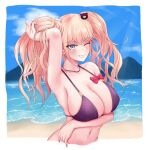  1girl arm_up bangs beach bear_hair_ornament between_breasts bikini black_hair blonde_hair blue_eyes blush breasts chibi collarbone commentary cropped_torso danganronpa_(series) danganronpa_s:_ultimate_summer_camp day eyebrows_visible_through_hair gon_(congchuabuoito) grin hair_ornament hand_in_own_hair highres jewelry long_hair looking_at_viewer mountain navel necklace ocean official_alternate_costume one_eye_closed outdoors purple_bikini red_lips shiny shiny_hair smile solo swimsuit teeth twintails upper_body 