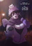 2023 anthro artist_name beanie bear big_breasts black_hair breasts cleavage cleavage_overflow clothed clothing dialogue duo english_text eyelashes fangs female first_person_view giant_panda hair hand_holding hand_on_own_cheek hat headgear headwear heart_pupils heart_symbol hi_res huge_breasts jacket lunarclaws maeve_(lunarclaws) makeup mammal mascara outside pom_hat purple_beanie purple_clothing purple_hat purple_headwear purple_jacket purple_scarf purple_topwear red_eyes scarf teeth text topwear vampire watermark winter_clothing