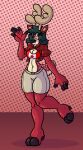 anthro antlers bikini bottomwear canadian_flag canadian_flag_bikini clothing countershading deer eyelashes female flag_bikini flag_swimwear fur green_eyes green_hair hair hi_res hooves horn long_eyelashes mammal markings midriff new_world_deer on_one_leg pattern_background pattern_clothing plaid plaid_clothing red_body red_fur reindeer shorts simple_background solo spots spotted_body sprucy standing swimwear tan_body tan_countershading two-piece_swimsuit
