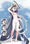  1girl absurdly_long_hair absurdres arisu_(blue_archive) arm_up ass_visible_through_thighs bare_arms bare_legs bare_shoulders barefoot bikini black_hair blue_archive blue_eyes diving_mask diving_mask_on_head flat_chest full_body goggles goggles_on_head highres innertube long_hair looking_at_viewer lowleg lowleg_bikini ringed_eyes silday smile solo standing swimsuit transparent very_long_hair white_bikini 