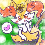 1:1 2025 :> ambiguous_anthro ambiguous_gender annyui0611 anthro biped blush blush_stickers braixen canid closed_smile digital_drawing_(artwork) digital_media_(artwork) dipstick_tail flower flower_on_head front_view generation_6_pokemon heart_symbol hi_res mammal markings mouth_closed nintendo object_in_tail pictographics plant pokemon pokemon_(species) portrait smile solo speech_bubble standing stick stick_in_tail sunflower tail tail_markings three-quarter_portrait tongue tongue_out