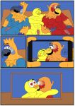 abs animal_humanoid anthro avian avian_humanoid beak bird bird_humanoid border canary ciel-wolf comic feathers finch genitals group heart_eyes heart_symbol humanoid kiss_on_neck kissing male male/male multicolored_body multicolored_feathers muscular muscular_anthro muscular_male nickelodeon nude oscine paco_(the_casagrandes) parrot parrot_humanoid passerine penis photo pink_penis sergio_(remaninglife) the_casagrandes the_loud_house trio walt_loud white_border yellow_body yellow_feathers