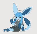 absurd_res anthro anthrofied biped blue_body bodily_fluids bokurei bottomwear clothing colored digital_media_(artwork) dipstick_tail eeveelution eyes_closed fanning fanning_self feet generation_4_pokemon glaceon grey_background heat_(temperature) hi_res male male_anthro markings nintendo open_mouth open_smile pokemon pokemon_(species) pokemorph shirt shorts simple_background sitting smile solo sweat sweatdrop tail tail_markings toes topwear